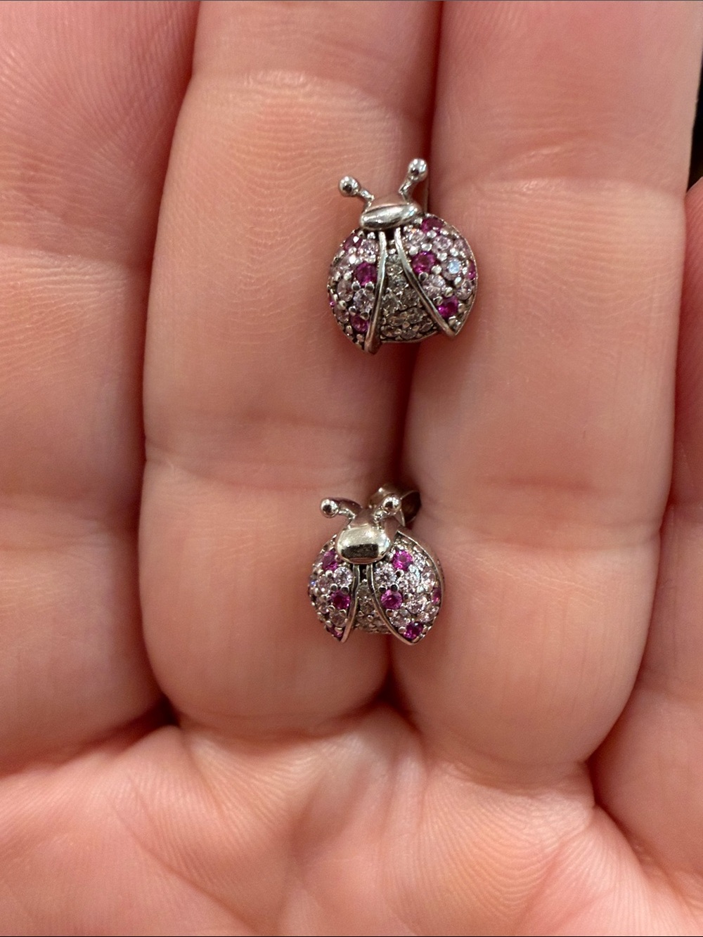 Hardsville Sterling Silver Ladybug Stud Earrings with Pink Crystal Accents NEW